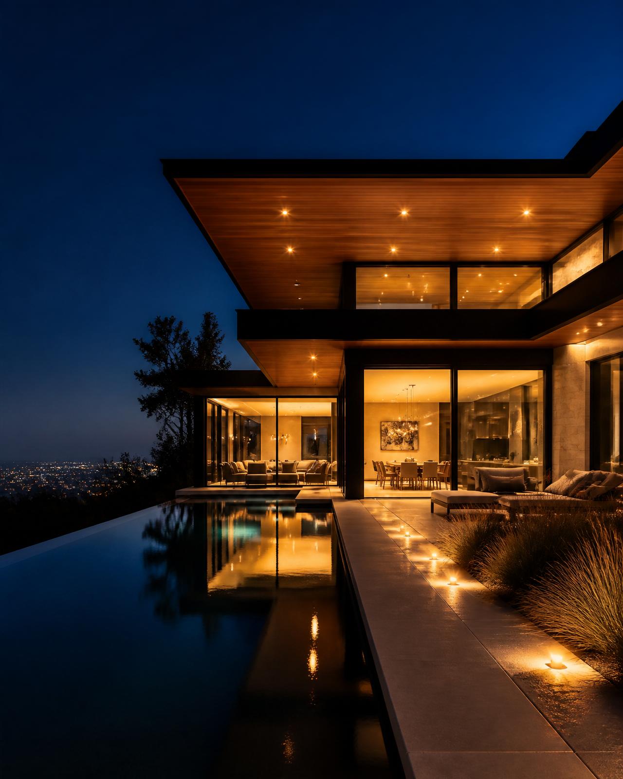 Contemporary architectural home with reflecting pool at blue hour