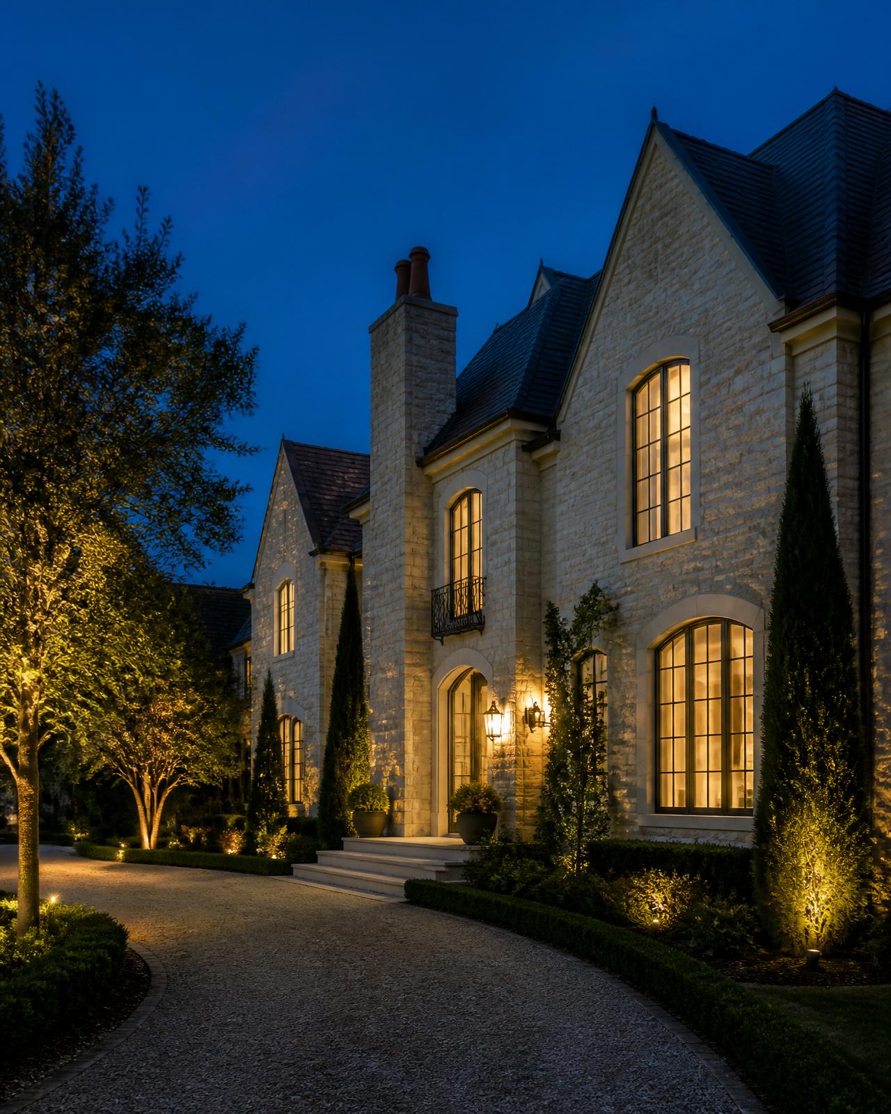 Stone-clad luxury estate with lit landscaping at twilight