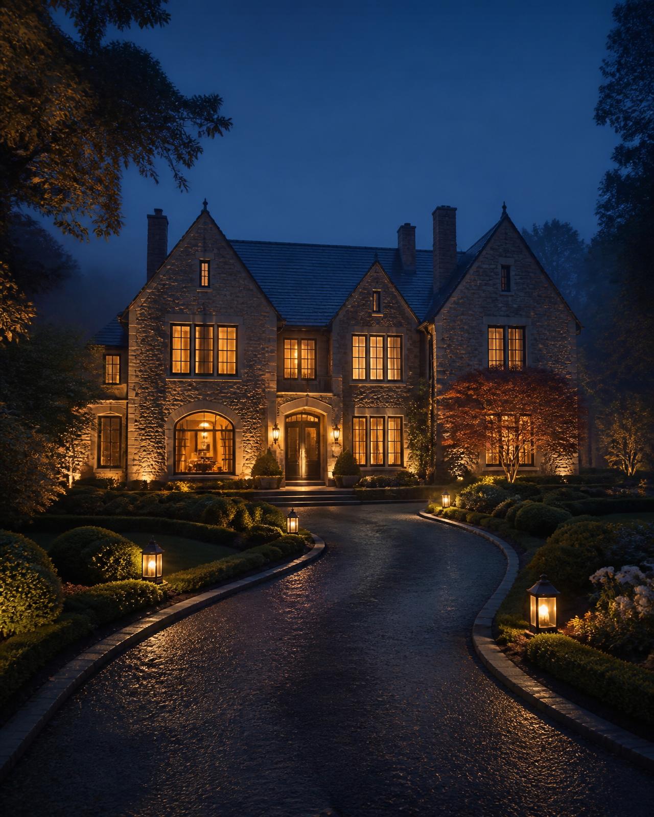 Beautiful residence at twilight with lantern-lit drive